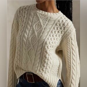 NWOT Polo Ralph Lauren Aran Knit Wool-blend Crewneck Sweater, cream, small